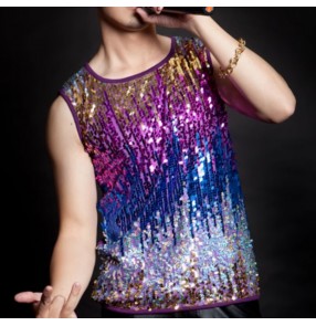 Boys kids purple blue sequins jazz dance vests glitter gogo dancers drummer juvenile hip hop performance tops for children